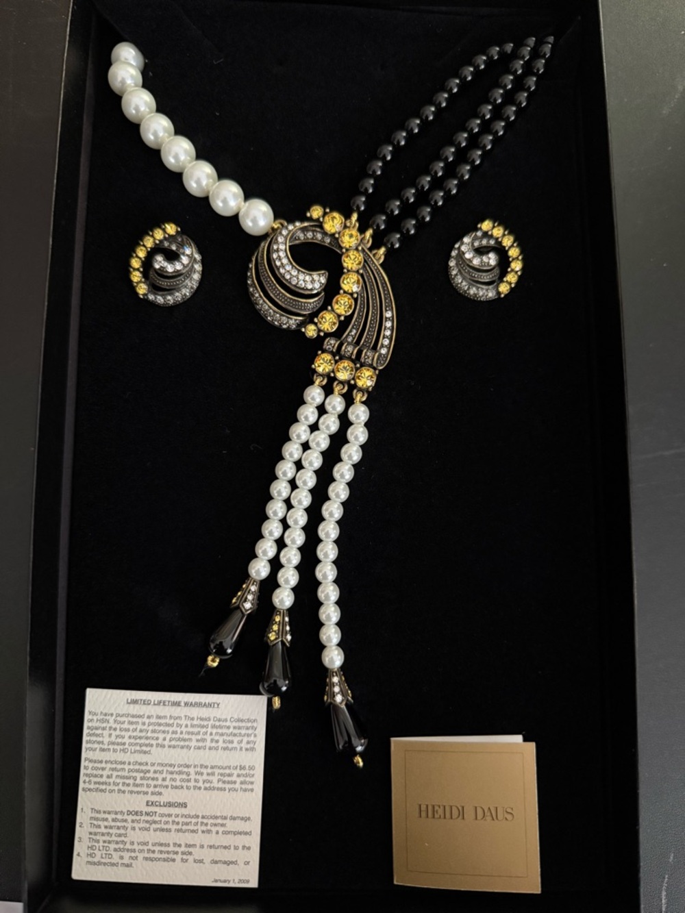 Heidi Daus Black, White and Gold Pearl Drop Necklace with Matching Earrings